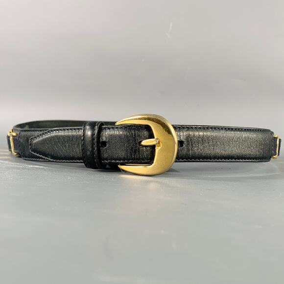 SALVATORE FERRAGAMO Size 29 Black Gold Logo Leather Belt - Picture 1 of 12